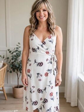 LOFT  white Wrap Midi Dress with Pink & Blue Floral Print